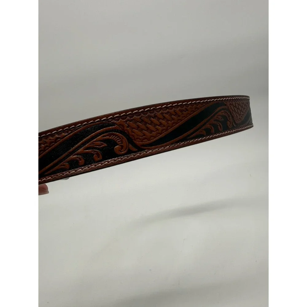 American Bison Genuine Leather Western Belt Brown Tooled Engraved Buckle Size S